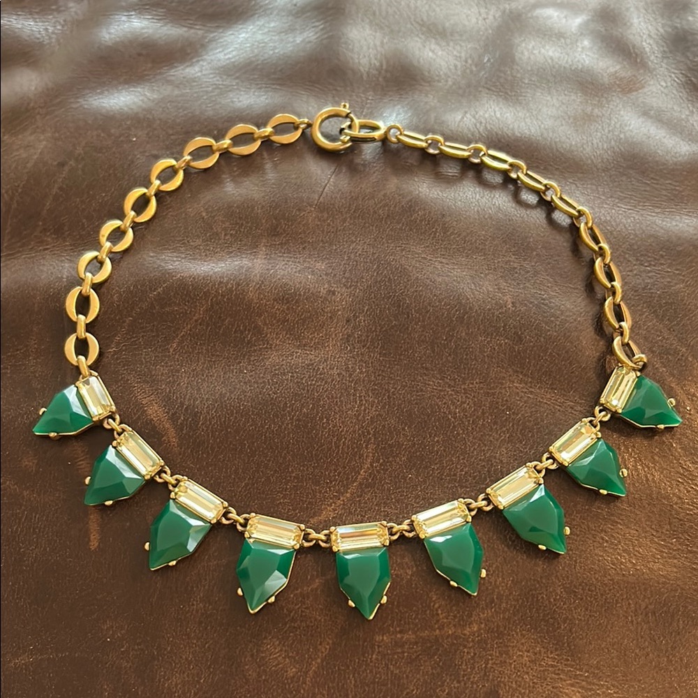 Charming Charlie Gold and Green Necklace with Art Deco Design